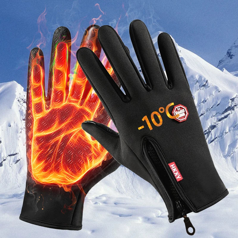 A pair of black warm windproof outdoor gloves is shown against a snowy mountain background.