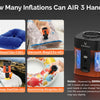 An electric air pump device is shown in various contexts, including inflating a pillow, a vacuum bag, a sleeping pad, and a s
