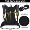 Back analysis of a black hydration backpack showing the design, quality buckle, and honeycomb mesh.