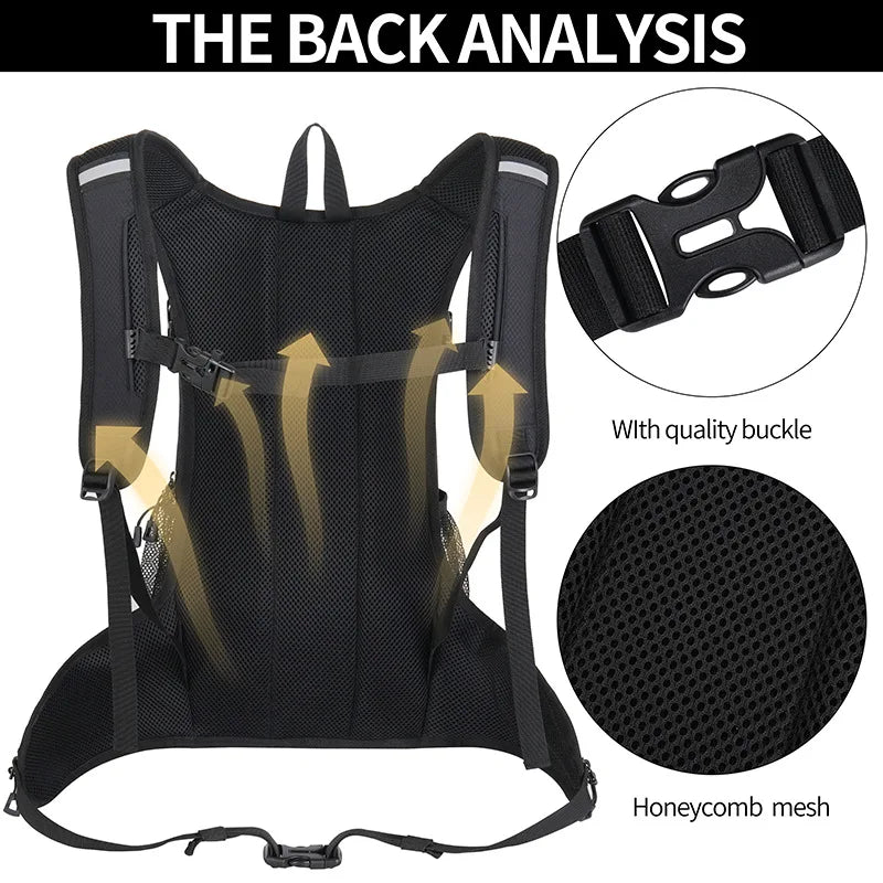 Back analysis of a black hydration backpack showing the design, quality buckle, and honeycomb mesh.