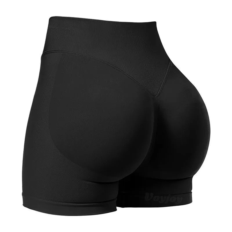 Shorts de yoga sans couture noirs taille haute, vue de l'arrière