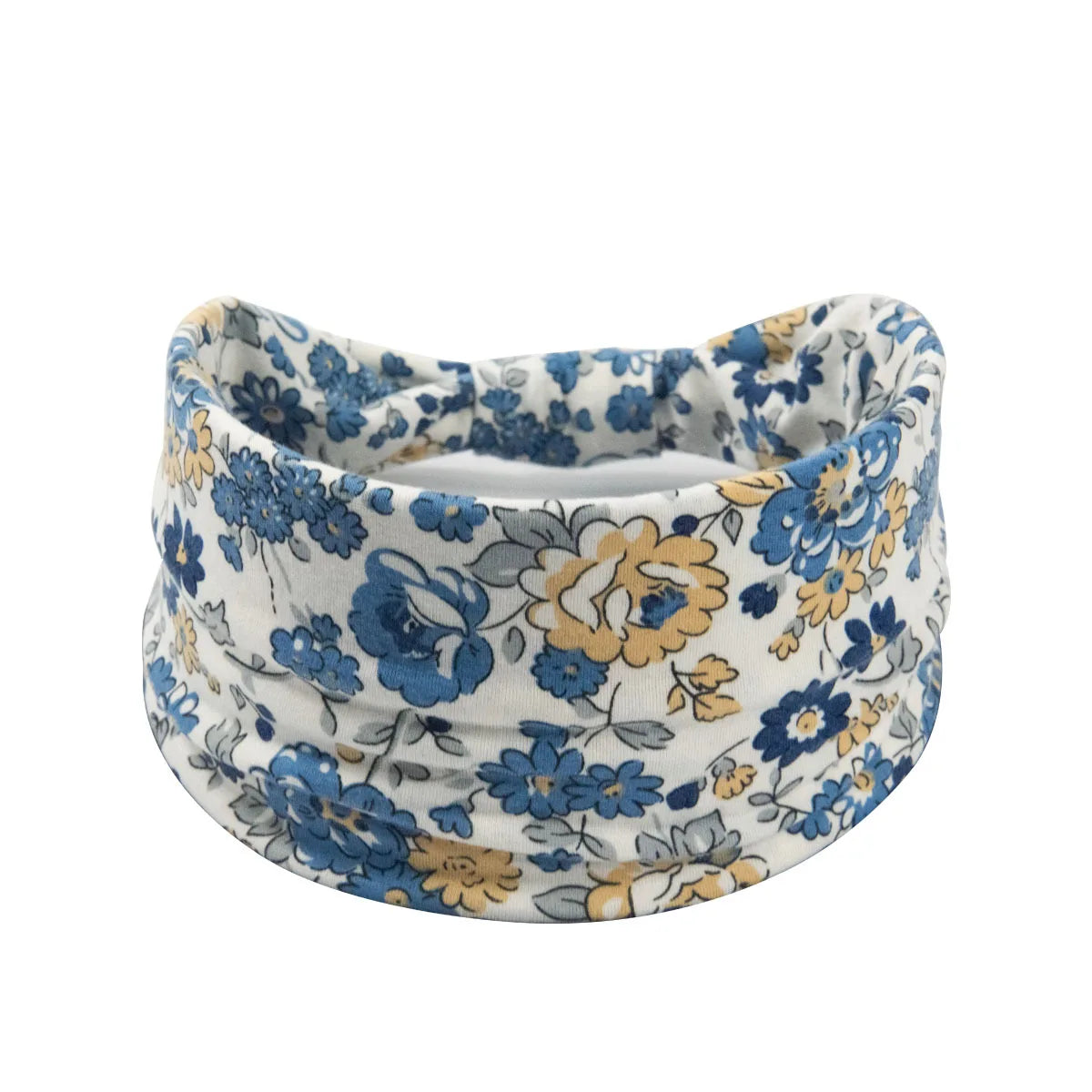 A floral butterfly headband featuring blue and yellow flowers on a white background.