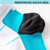 Reinforced socks heel showing a layered design of white, cyan, and black compression fabric.