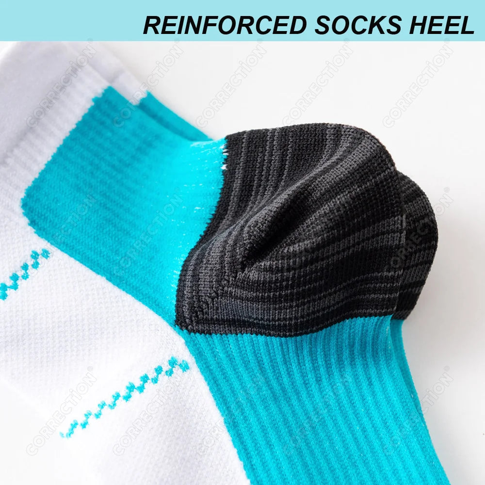 Reinforced socks heel showing a layered design of white, cyan, and black compression fabric.