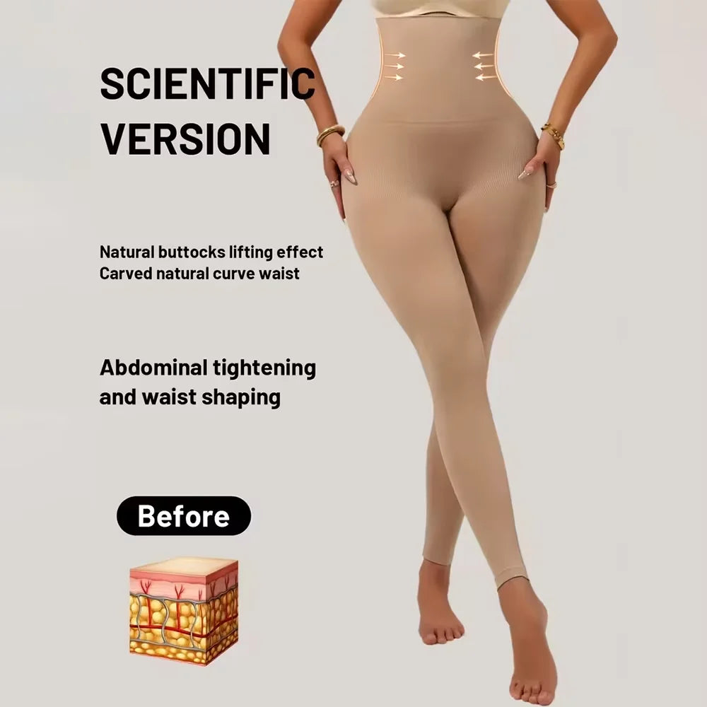 A model wearing beige high-waist compression shaping leggings, demonstrating the fit and features.