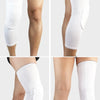 White compression knee pads shown on a model's leg in various angles.