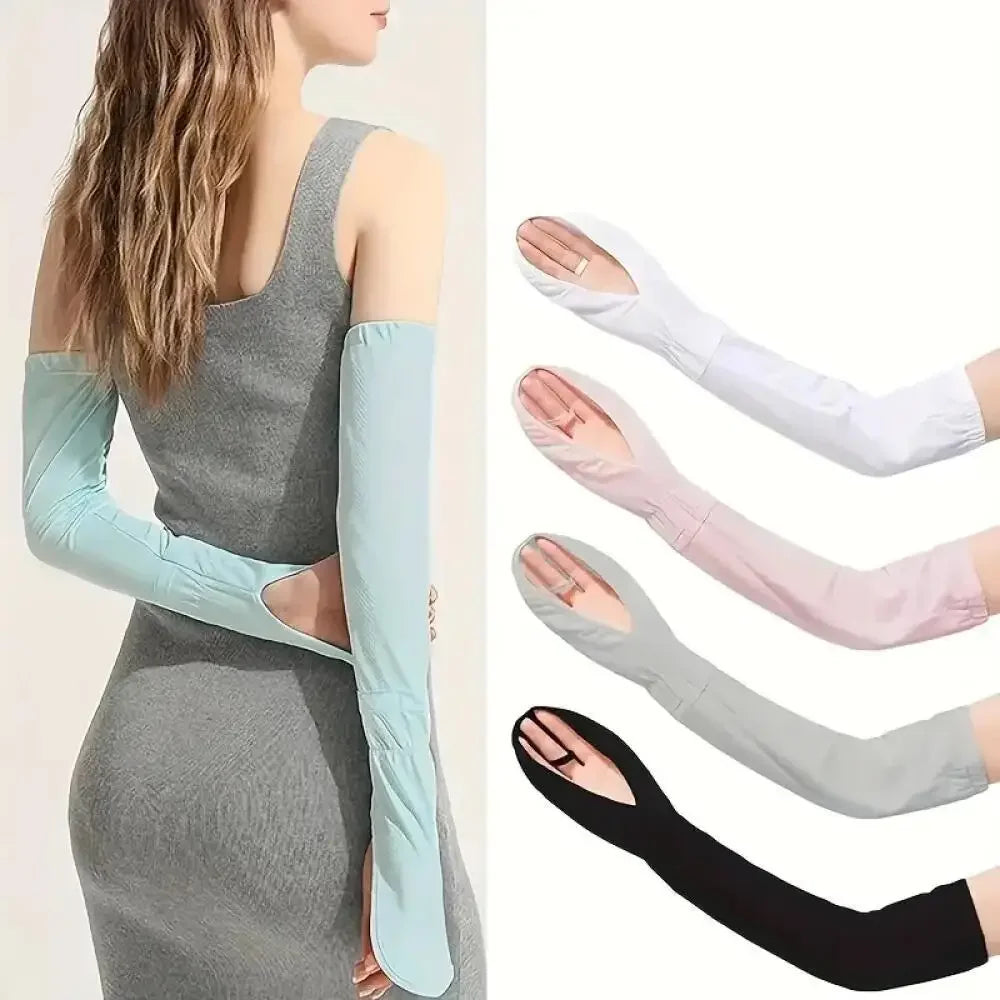 A collection of ice silk cooling arm sleeves in various colors and styles shown next to a woman wearing a gray dress.