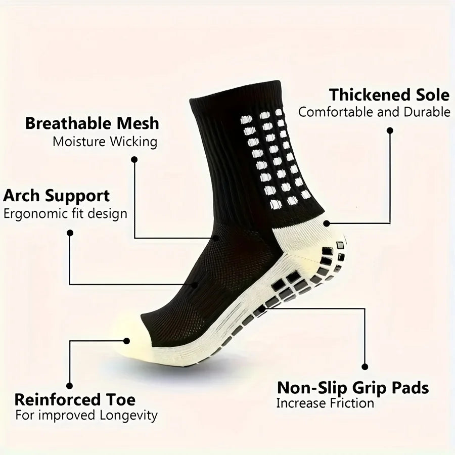 A pair of black breathable mesh socks with a thickened sole and reinforced toe for football gear.