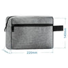 A gray waterproof cosmetic and travel pouch with a black zipper and strap.