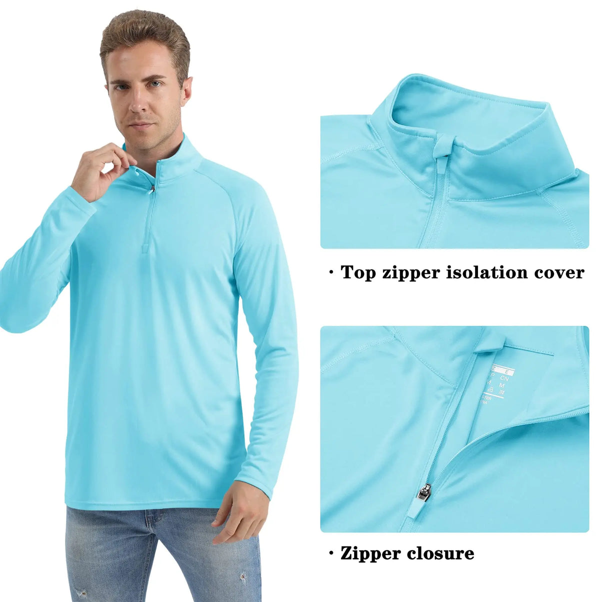 A man models a light blue long sleeve shirt with a zip closure and insulation cover.