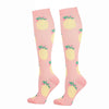 Pair of pink compression elastic socks with a yellow fruit pattern
