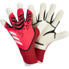 A pair of red and white premium latex goalkeeper football gloves shown from above.