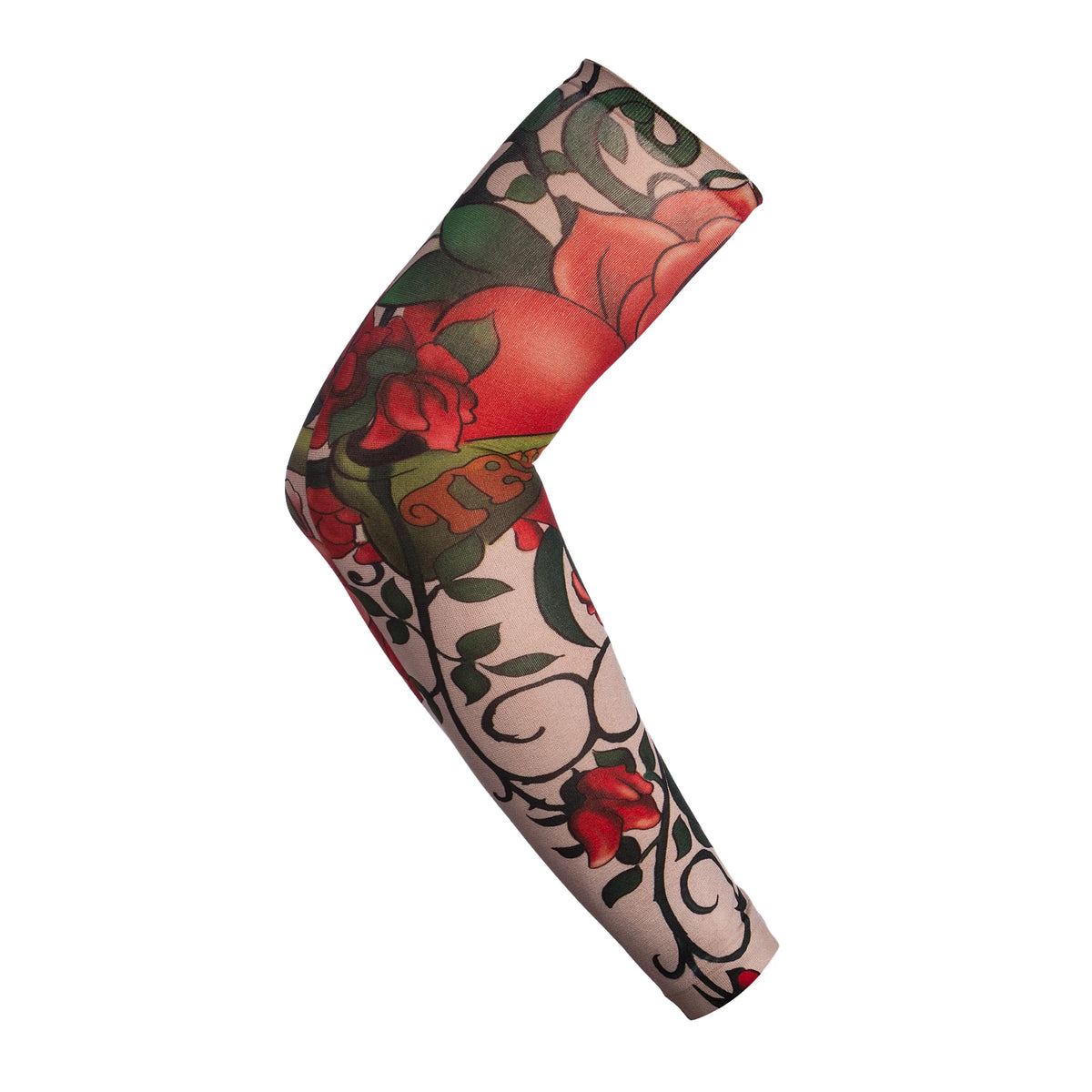 A close-up of a black and red floral patterned sun protection breathable arm sleeve.