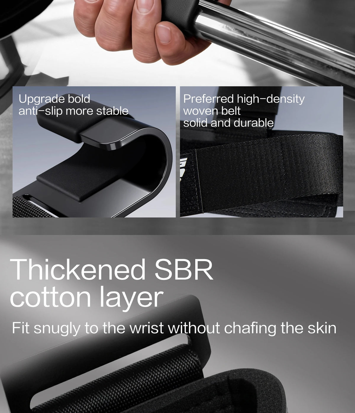 Close-up of a black weight lifting hook with a thickened SBR cotton layer and a woven belt wrist wrap.