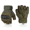 A pair of olive green tactical full finger gloves shown against a white background.
