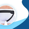 Three sizes of white inguinal hernia support belts for men and women with compression pads.