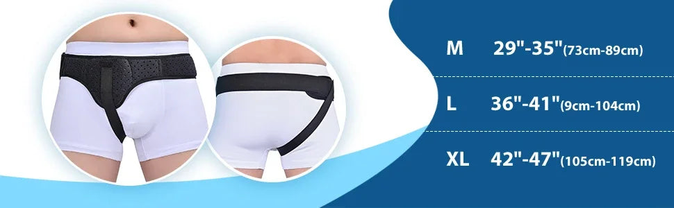 Three sizes of white inguinal hernia support belts for men and women with compression pads.