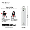 Matte white 473ml stainless steel thermos with an open/close mechanism shown in a side view.