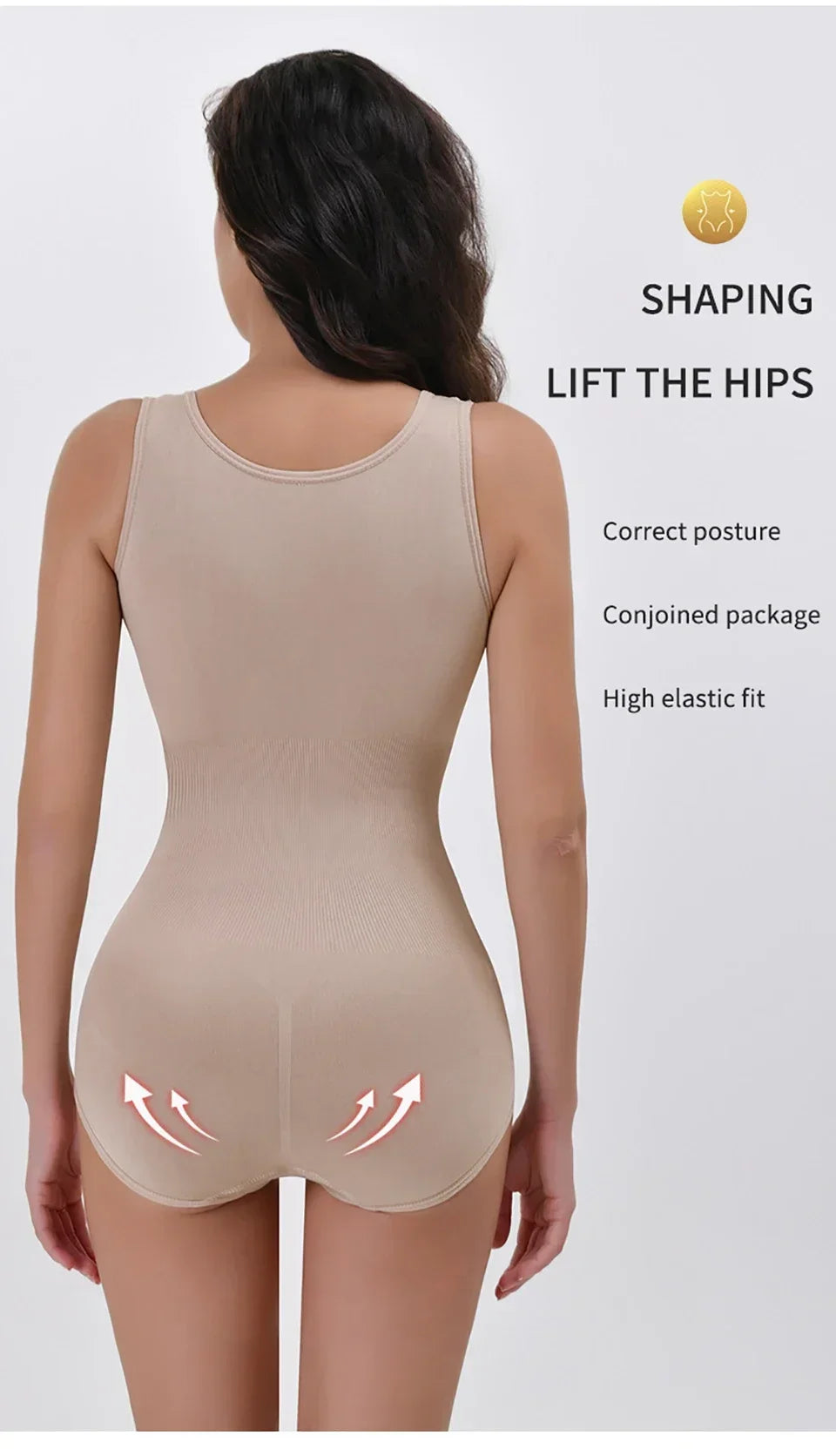 A model wearing a beige zippered shapewear bodysuit demonstrating the lift the hips feature.