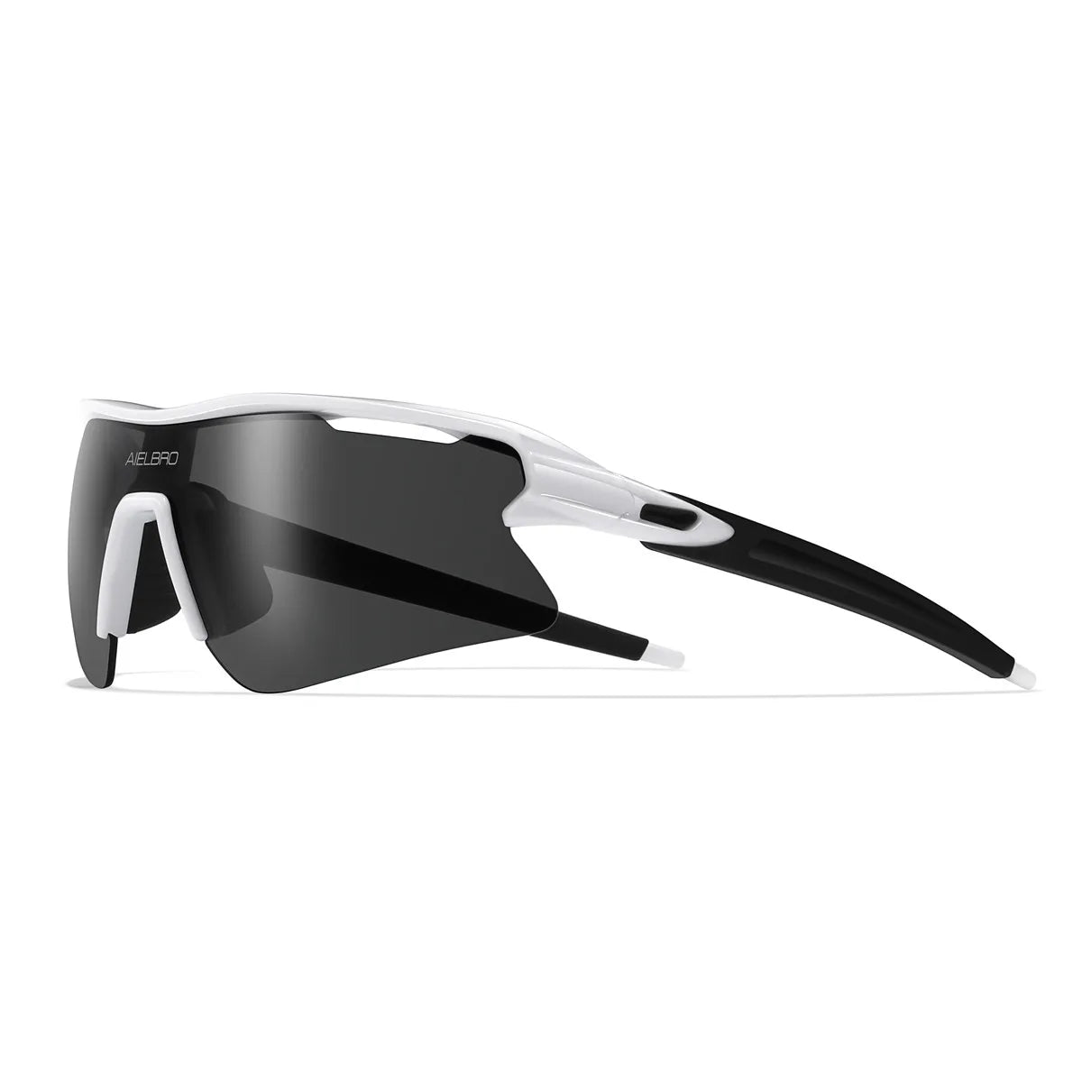 A black and white sports sunglasses model shown from the side.