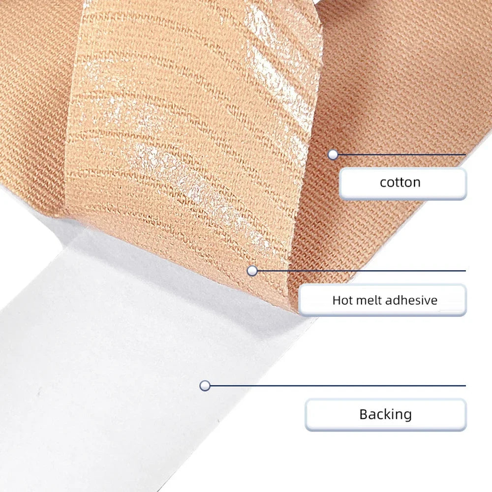 Close-up view of tan kinesiology support tape layered over a white backing, showing the cotton material and hot melt adhesive