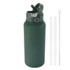 A dark green stainless steel vacuum flask water bottle with a hinged lid and an attached metal straw.