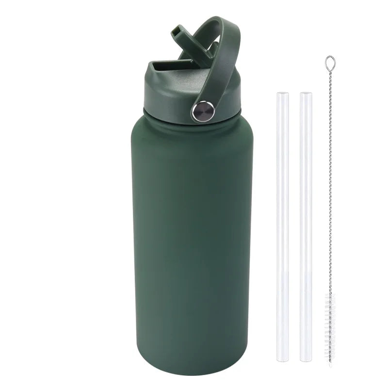 A dark green stainless steel vacuum flask water bottle with a hinged lid and an attached metal straw.