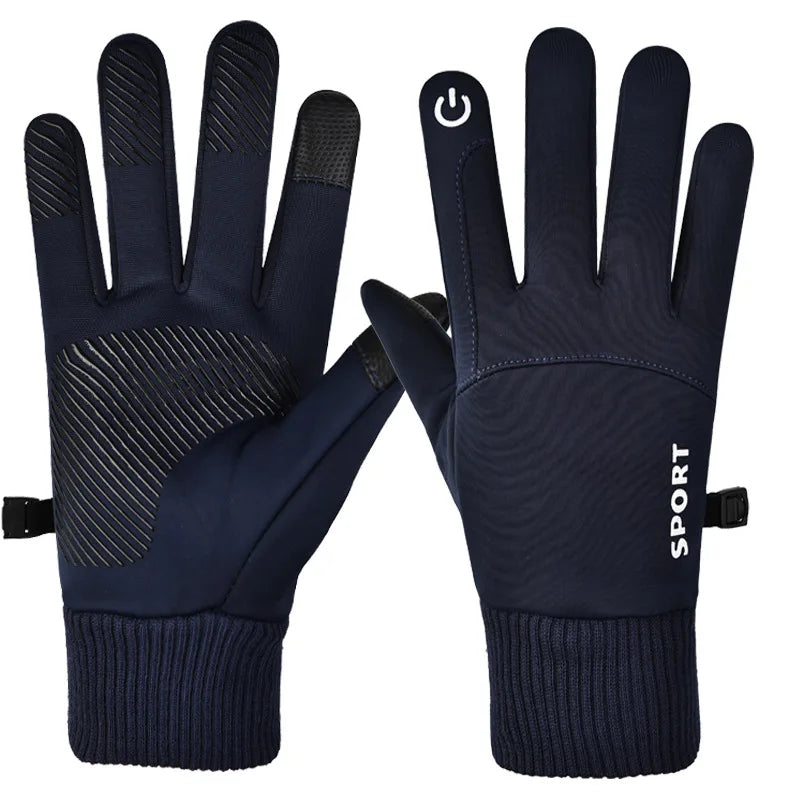 Une paire de gants de vélo bleu foncé avec contrôle du pouce et marquage sportif.