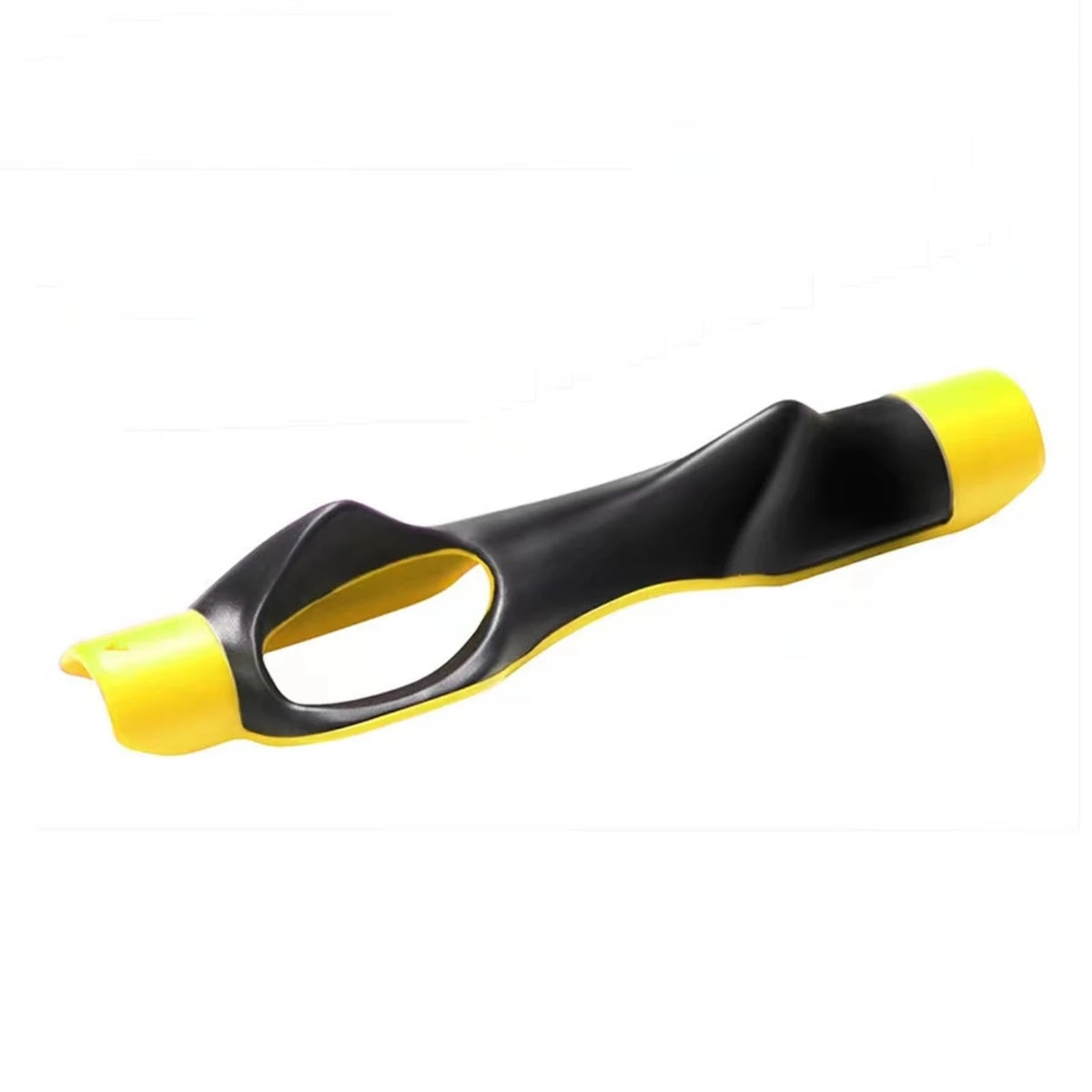 A black and yellow portable golf swing grip trainer tool.