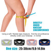 A hand is measuring the circumference directly under a kneecap using a soft, flexible tape measure.