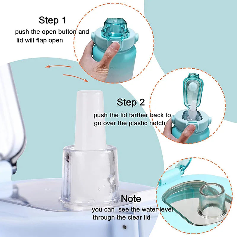 Instrucciones que muestran cómo abrir una botella de agua aislada motivacional de 2L con tapa de pajita y ver el nivel del ag