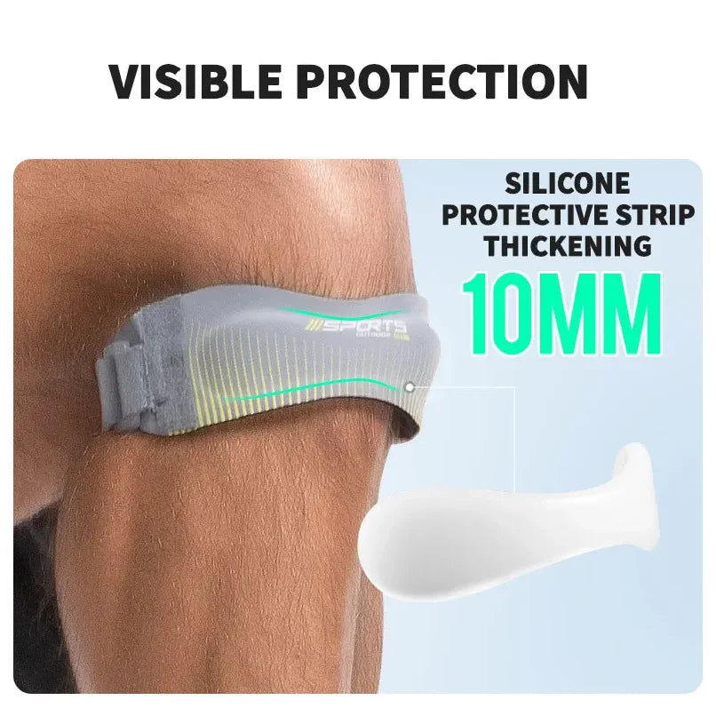 A silicone protective strip thickening product shown on skin, demonstrating 10mm thickness for tendon support.