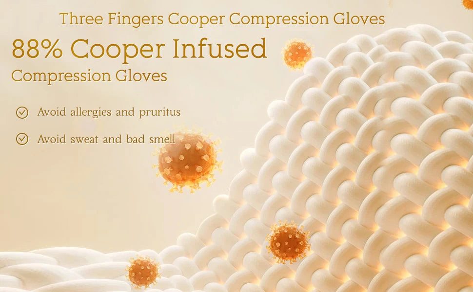 Close-up of white compression gloves with copper infusion, showing texture and benefits.