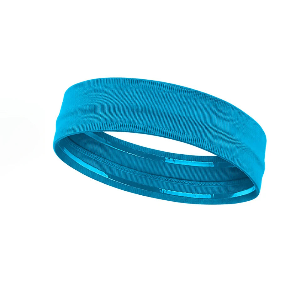 Helles blaues elastisches Sport-Haarband für Haare und Fitness, von der Seite gezeigt.