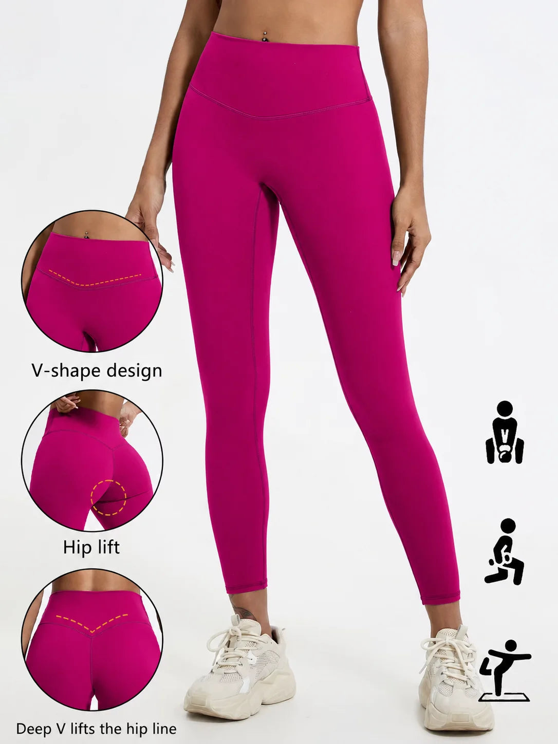 A model wears bright magenta high-waist yoga leggings demonstrating V-shape design and hip lift features.