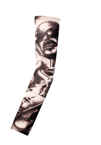 A black and white graphic design printed on a long seamless tattoo sleeve.