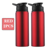 Two red leakproof aluminum portable water bottles with black caps
