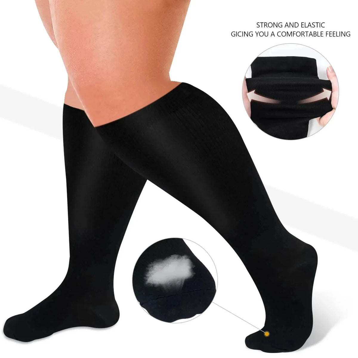 Black compression socks shown on a leg, highlighting the elastic material and toe design.