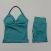 Teal women's seamless backless fitness set top and leggings
