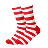 A pair of red and white striped socks with a flag pattern.