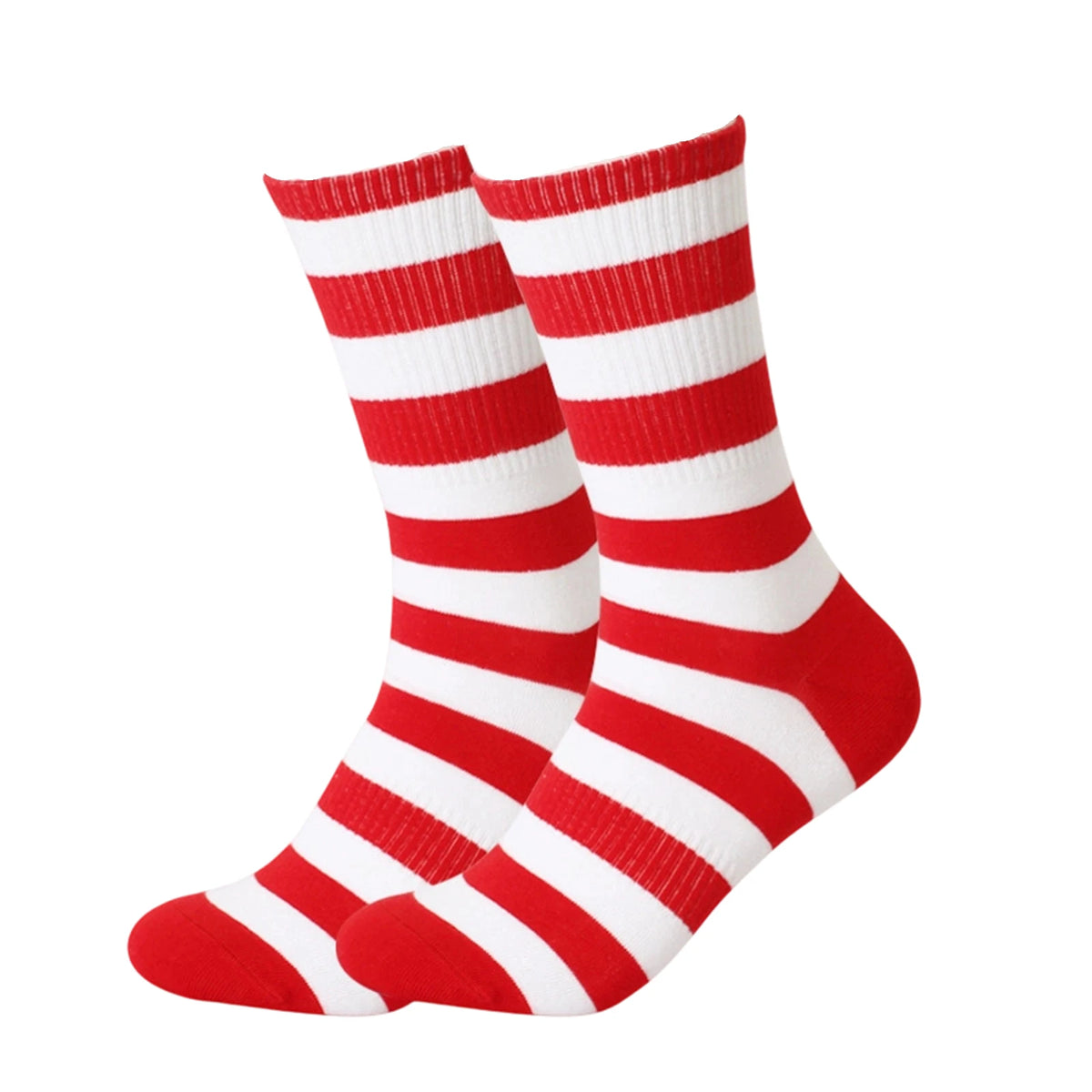A pair of red and white striped socks with a flag pattern.