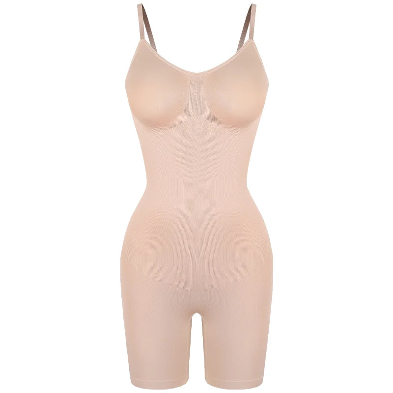 A nude-colored full body shapewear bodysuit for slimming, shown from the front.
