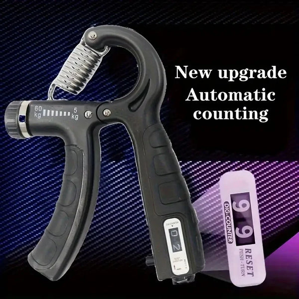 A black hand grip strengthener with a silver spring, showing the automatic counting feature and a separate reset button.