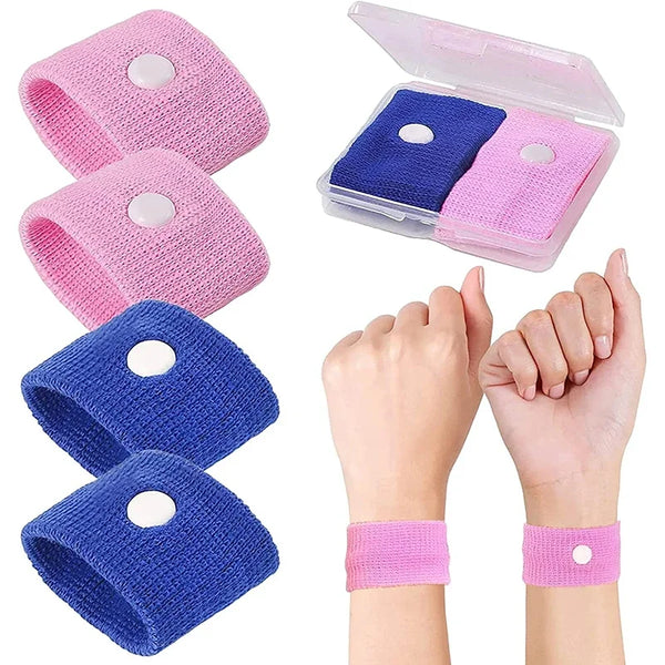 Assortment of purple and pink anti-nausea wristbands for travel and motion sickness relief