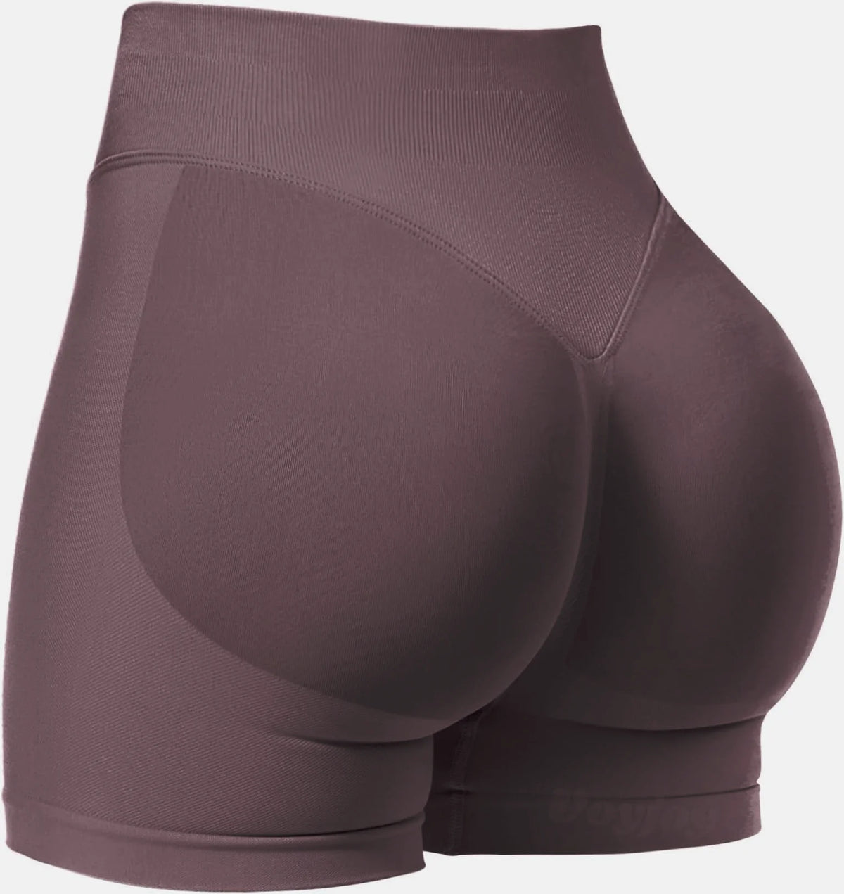 A close-up view of a mauve high-waisted knit fitness short for women.