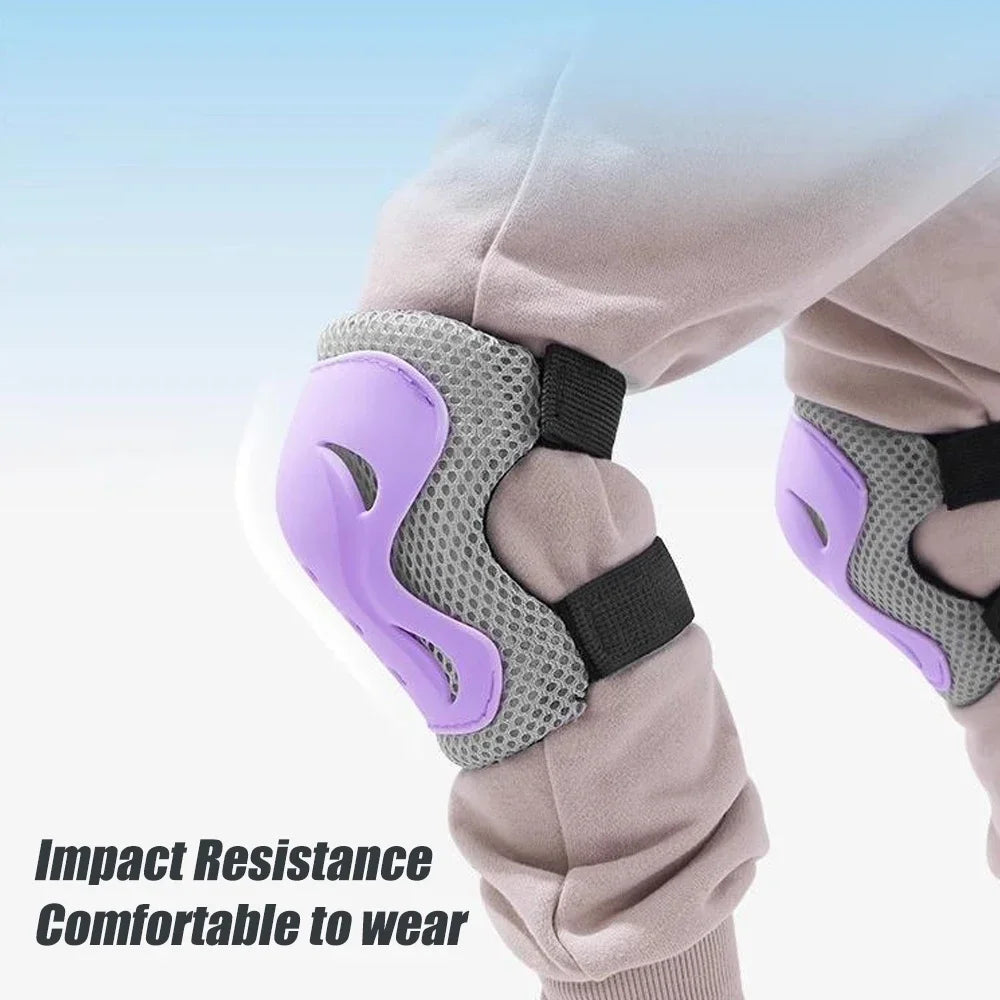 A close-up of a child's arm and hand wearing protective gear, including a purple elbow pad and wrist guard.