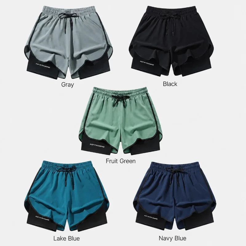 A collection of men's quick-dry athletic shorts in various colors including gray, black, mint green, fruit green, lake blue, 