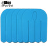 A set of five blue kinesiology tapes laid out side by side.