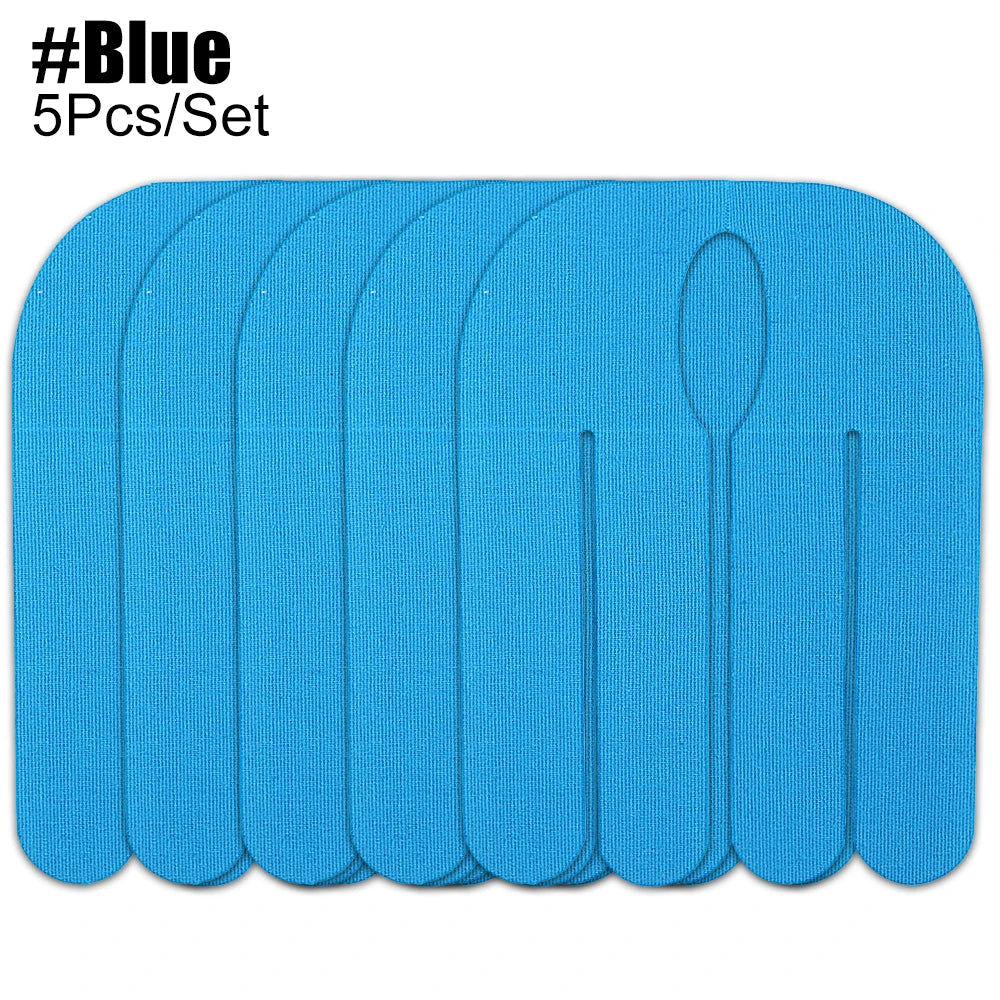 A set of five blue kinesiology tapes laid out side by side.