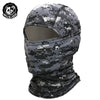A camouflage patterned balaclava face mask for sun and dust protection